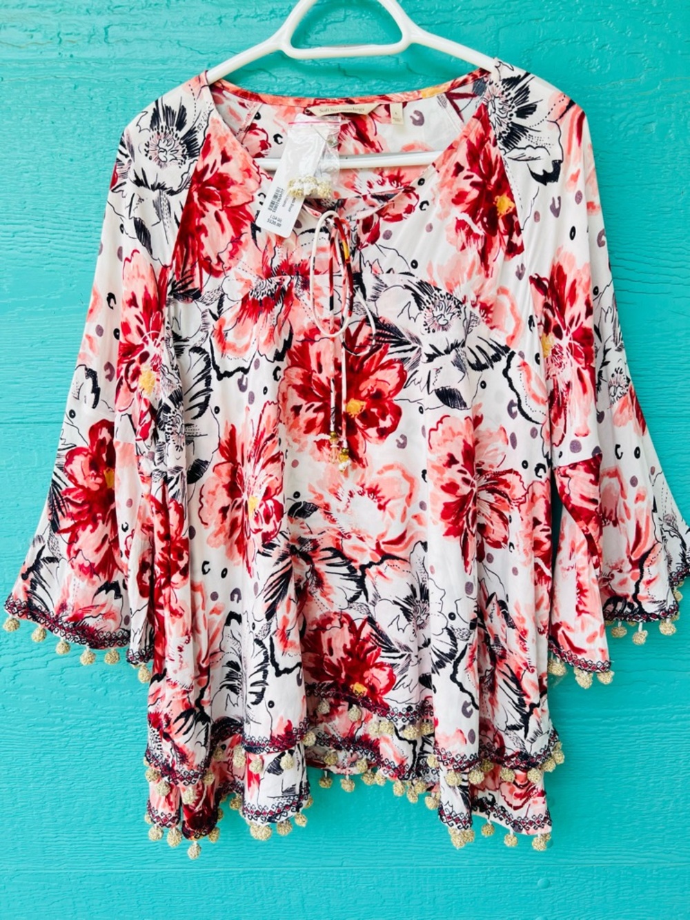 Soft Surroundings Rosada Blouse L Boho Floral Tiered Pom Pom NWT Flowy Viscose